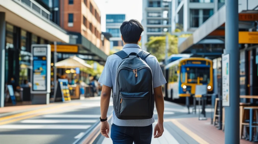 تصویر یک دانشجو که کوله پشتی دارد و کنار ایستگاه قطار ایستاده است در مطلب تمکن مالی ویزای تحصیلی استرالیا