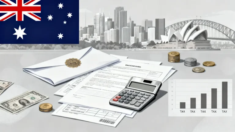 تصویر پرچم استرالیا و پول و ماشین حساب و قرارداد های متنوع در مطلب روال قانونی پرداخت مالیات در استرالیا