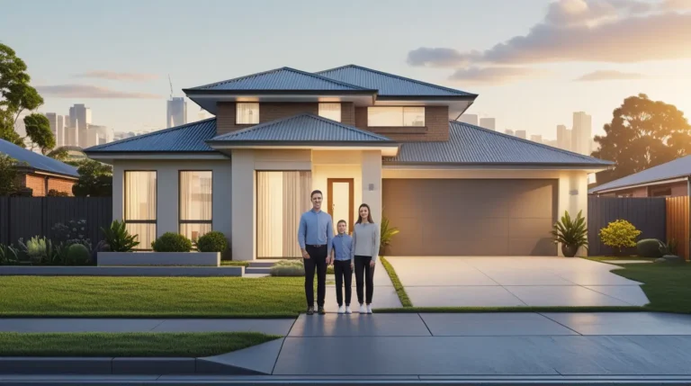 تصویر یک خانواده که مقال خانه ایستاده اند در مطلب وام خرید خانه در استرالیا