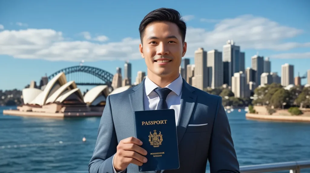 تصویر یک مرد به همراه ویزا در مطلب ویزای 482 استرالیا