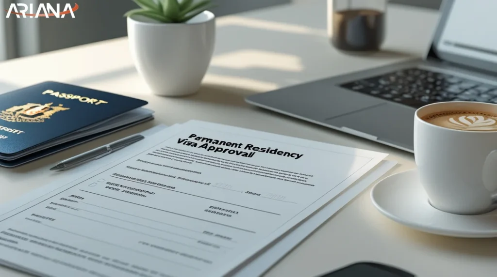 تصویر یک گلدان و قهوه و یک برگه برای دریافت ویزا 801 استرالیا