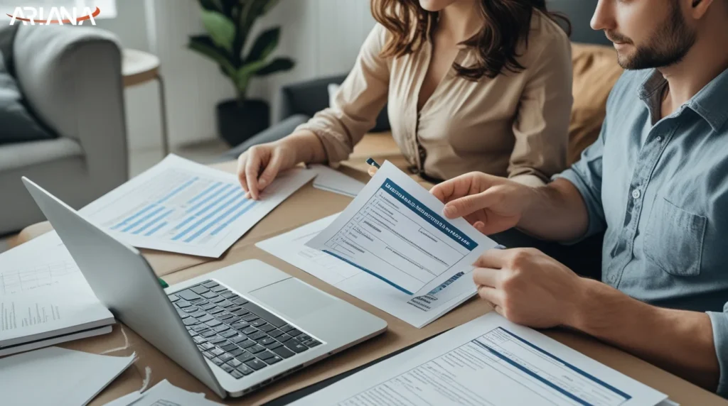 تصویر یک مرد و زن که در حال اماده کردن فرم های لازم برای دریافت ویزا 801 استرالیا هستند