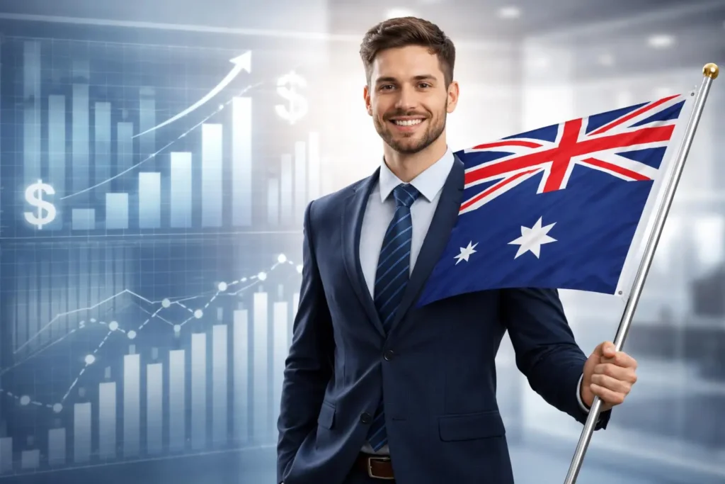 تصویر یک جوان که پرچم استرالیا را بدست دارد در مطلب حقوق کارگر ساده در استرالیا